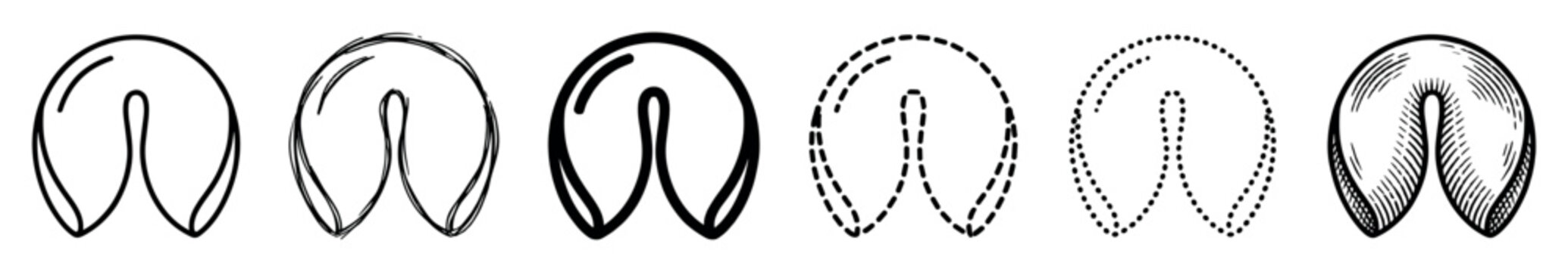 Set of six black fortune cookie icons presented in a row with various artistic styles including line art, sketch, bold, dashed, dotted, and engraved