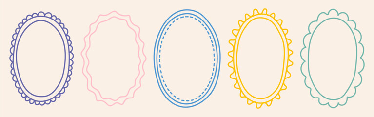 Set of decorative oval frames with different hand drawn outlines in pastel colors. Minimal trendy borders perfect for invitations, labels and spring design projects.
