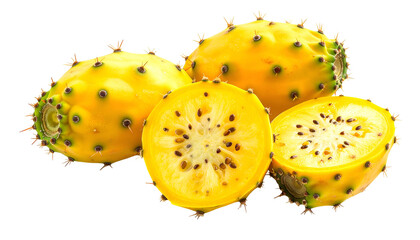 Group of yellow, spiky cactus fruits, one cut open to reveal dark seeds
