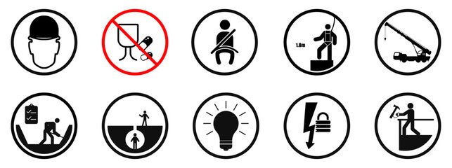 Set of prohibition and safety warning icons including no smoking, no camera, no food, first aid, light bulb, ladder safety and restricted activity symbols, suitable for signs, instructions and notices © IronVortex