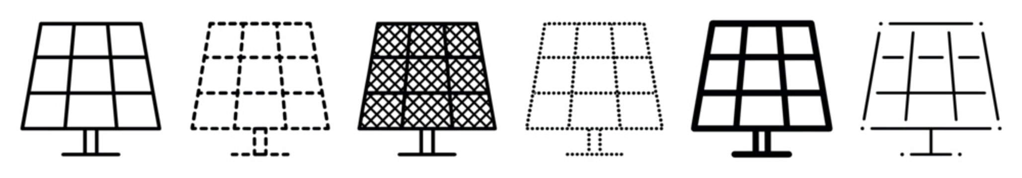Set of black solar panel icons in various line art styles including solid, dashed, dotted, and filled, illustrating renewable energy and sustainable technology concepts