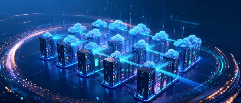 Data Centers Linked via Digital Networks in a Glowing Technological Landscape
