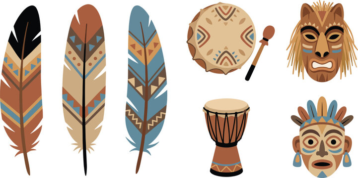 Collection of tribal ethnic elements including patterned feathers, traditional drums and wooden masks for cultural heritage, boho decoration and ritual music concept.