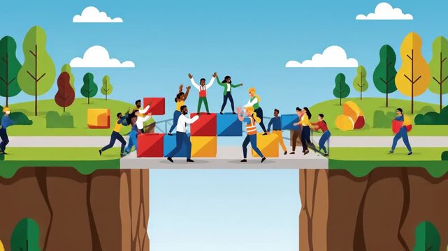 Diverse team building a bridge together flat vector illustration crossing a chasm to success with collaboration and problem solving in a cartoon style