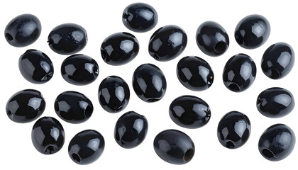 Overhead shot of numerous pitted, glossy, black olives scattered on a transparent background