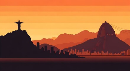 Rio de Janeiro cityscape silhouette at sunset with Christ the Redeemer and Sugarloaf Mountain, orange gradient sky