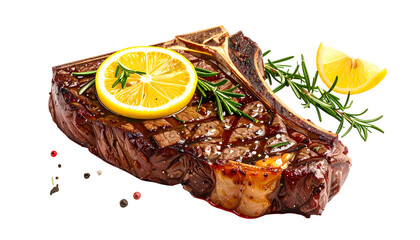 A juicy, grilled T-bone steak, garnished with lemon slices and rosemary, on black