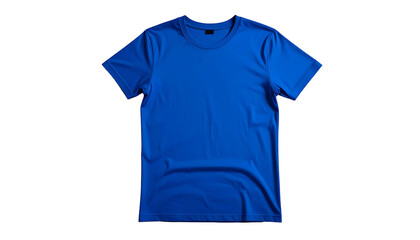 A plain blue crew neck tee shirt, centered on a black background, with visible fabric folds