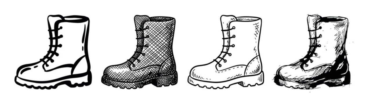 Set of four hand-drawn combat boots in various sketch styles, including line art, cross-hatching, and grunge ink, showcasing different artistic interpretations of military footwear