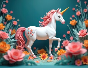 Naklejka premium White unicorn with pink mane and tail stands in a field of colorful flowers. Mythical creature with golden horn surrounded by nature and beauty. Fantasy horse in bloom.