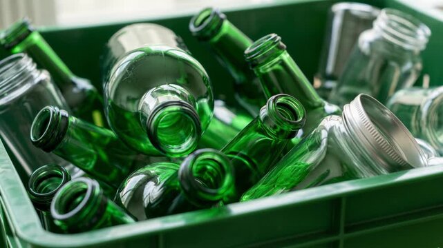 Recycling glass bottles in green crate for sustainable waste sorting and circular economy concept.
