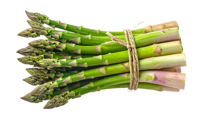 A close-up of a tied bundle of fresh, green asparagus spears with cut stems