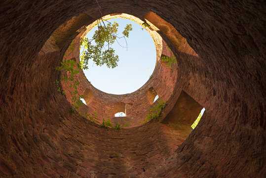 View upwards into the tower of Schadeck Castle, tourist destination Neckarsteinach