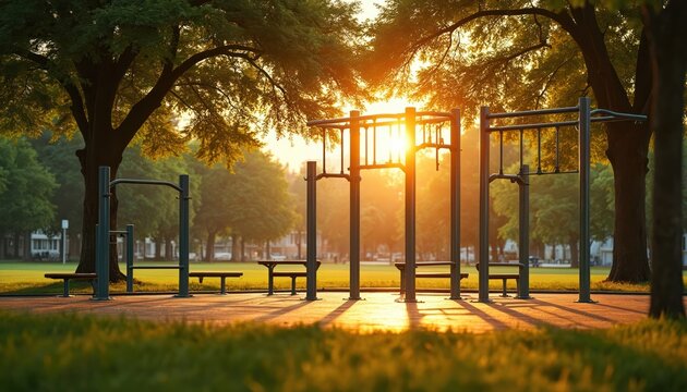 Outdoor calisthenics park with metal fitness equipment. Warm sunlight filters through trees creating long shadows on ground. Rich green grass surrounds workout zone during golden hour.