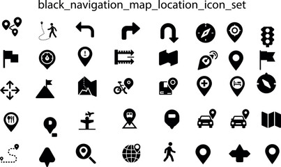 Comprehensive Set of Black Navigation Icons with Map Pins and Directional Symbols