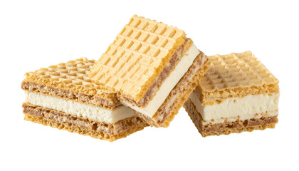 Close-up of three layered ice cream sandwiches with waffle-like textured wafers