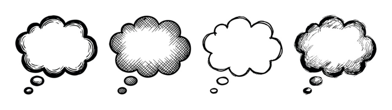 Four hand-drawn black and white thought bubbles in a rough sketch style, with various hatching and shading techniques for representing ideas, dreams, or comic book dialogue