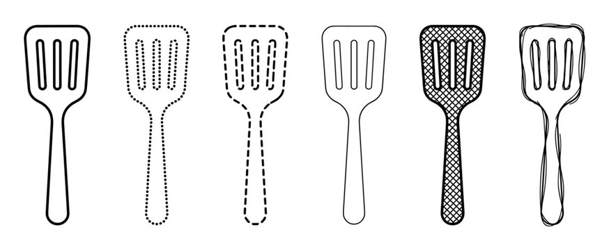 Six black kitchen spatula vector illustrations showing different graphic styles like solid line, dotted outline, dashed border, crosshatch fill, and a freehand sketch