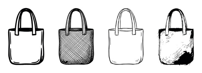 Obraz na płótnie Canvas Four hand-drawn reusable tote bags in a row, showcasing different artistic styles from simple line art and cross-hatching to sketchy and grunge ink illustrations for eco-friendly concepts