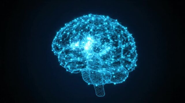 Abstract 3D glowing blue neural network in the shape of a human brain, symbolizing intelligence, learning, and artificial intelligence innovation