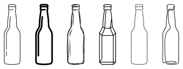 Collection of six beer bottle illustrations in various line art styles including simple outline, hand-drawn sketch, geometric, dotted, and continuous single line drawing