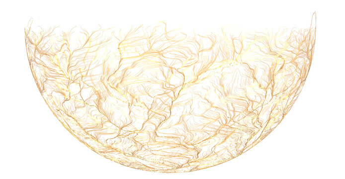 Intricate abstract artwork depicting a golden tree-like structure within a half-sphere, evoking concepts of nature and g
