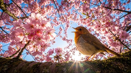 Robin Singing Under Cherry Blossoms