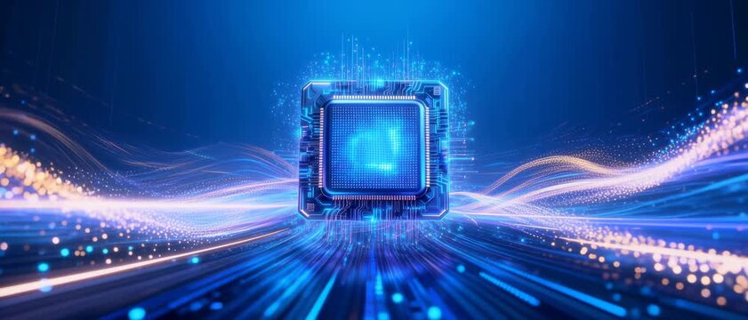 Futuristic CPU Chip at the Center of Dynamic Blue Digital Light Waves and Data Particles in a High-Tech Virtual Space