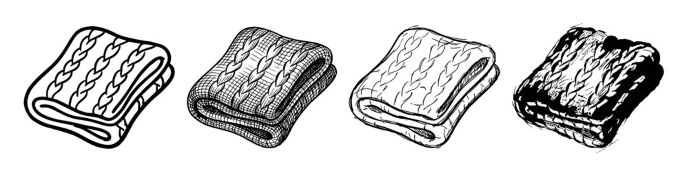 Four folded knitted blankets with cable patterns are shown in a hand-drawn sketch style, illustrating different ink techniques from simple line art to detailed cross-hatching