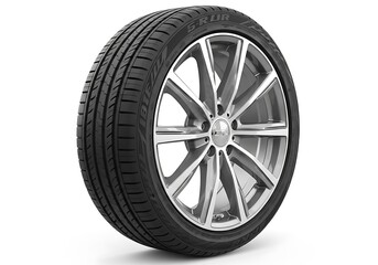 Fototapeta premium A high-performance car tire with a sleek silver rim is showcased.