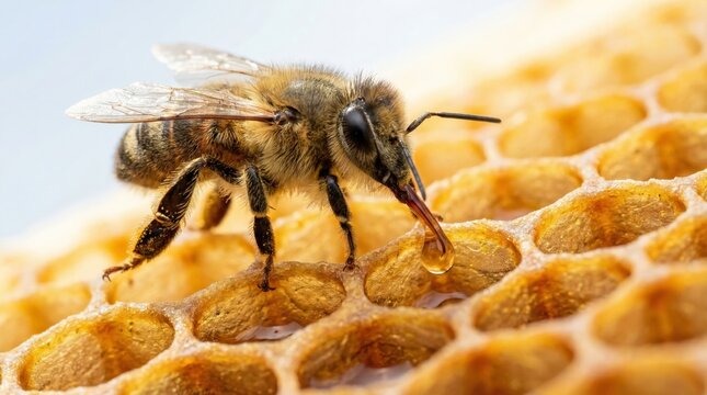 Honey bee drinking or collecting a droplet of golden honey on a natural honeycomb, showcasing the intricate details of the insect and its essential role in pollination and apiculture