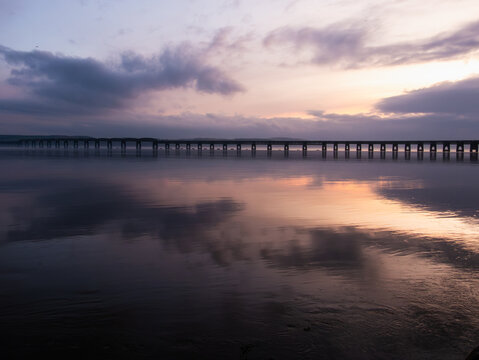 Tay Bridge during sunset in Dundee, Scotland.