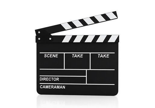 A black film clapboard with white text on a white background, used for filmmaking and movie production.