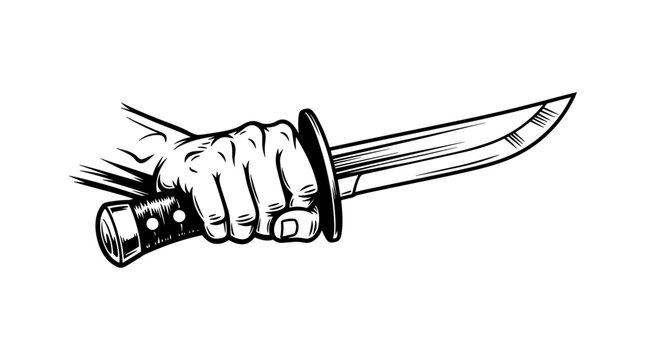 Black and white hand holding knife in detailed line art style for tattoo and design