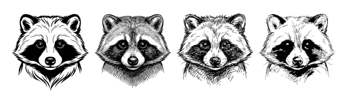Four raccoon head illustrations in different artistic styles, from a clean graphic stencil to a detailed engraving and a rough hand-drawn sketch, showing a collection of techniques