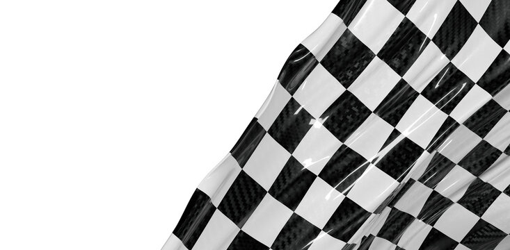 Close-up of a checkered flag waving in the wind against a clean white backdrop, symbolizing racing, competition, and ach