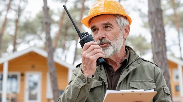 senior forest ranger wearing a safety helmet using a radio while holding a clipboard, standing outdoors near wooden cabins in a wooded area