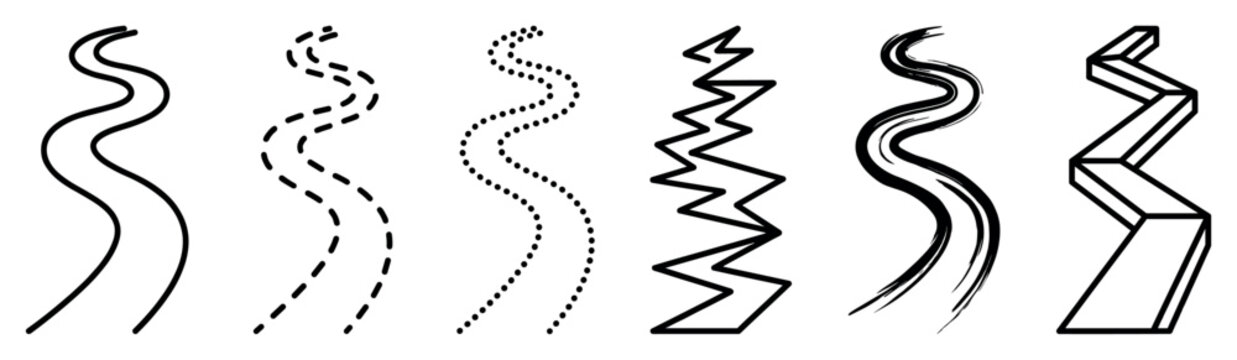 Set of six black winding path icons showing different line art styles including smooth, dashed, dotted, zigzag, brushstroke, and a three-dimensional isometric road
