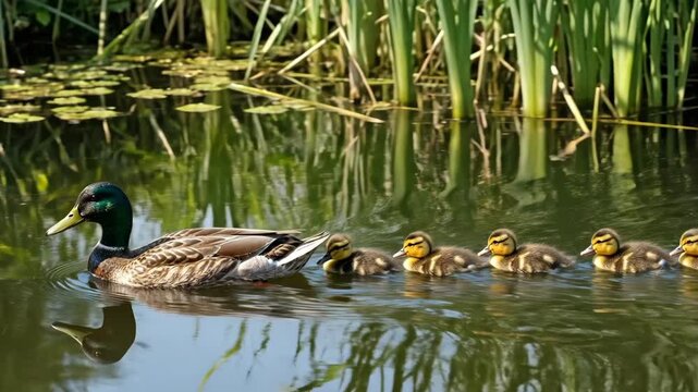 Mallard Duck and Adorable Ducklings Swimming in a Row