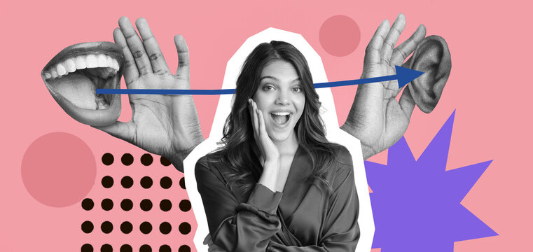 A woman stands in the center while hands show mouths and ears around her. The background features colors and shapes. The scene expresses communication and listening.