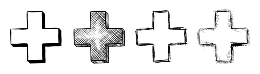 Obraz premium Four hand-drawn plus symbols or crosses illustrated in a black and white sketch style, showing different artistic variations like outline, solid, and cross-hatching