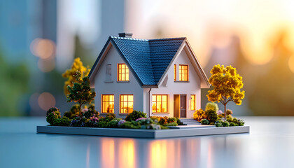 Dream Home Miniature: An inviting miniature house with warm, welcoming lights glows against the backdrop of a soft, sun-drenched setting, capturing the essence of home ownership.