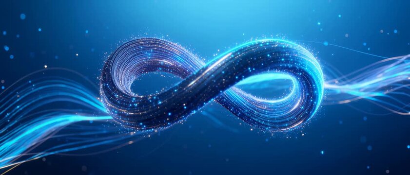 Abstract Futuristic Glowing Blue Infinity Symbol Composed of Light Particles and Energy Streaks on a Dark Blue Background&mdash;Scientific Visualization