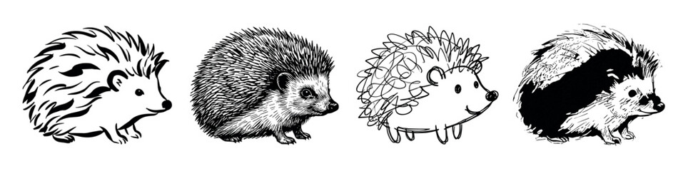Obraz premium Four black and white hedgehog illustrations in different artistic styles, including realistic hatching, a cute doodle, and graphic brush strokes, creating a diverse collection of animal sketches