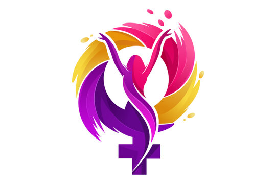 International women's day symbol logo, woman figure in colorful abstract swirl, celebrating empowerment and equality