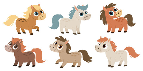 Fototapeta premium Cute Pony Characters Set. Colorful Cartoon Horses. Adorable Farm Animals. Flat Vector Illustration Collection.