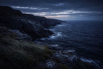 Rocky Coastal Cliffs at Blue Hour With Moody Ocean