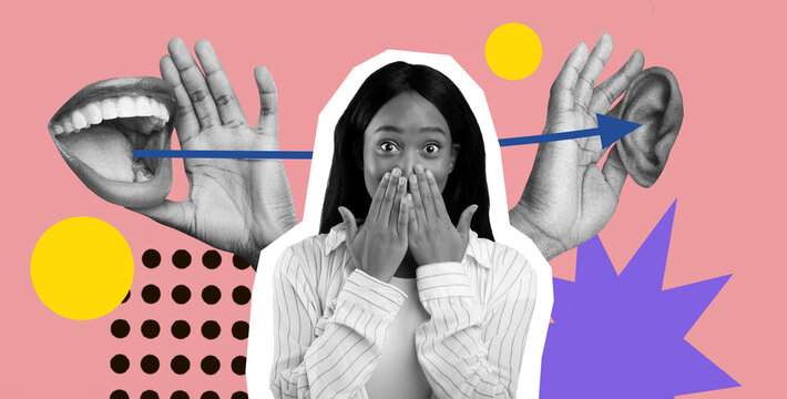 A woman covering her mouth with her hands. The artwork features a combination of hands, a mouth, and an ear, exploring themes of communication and expression in a bold design.