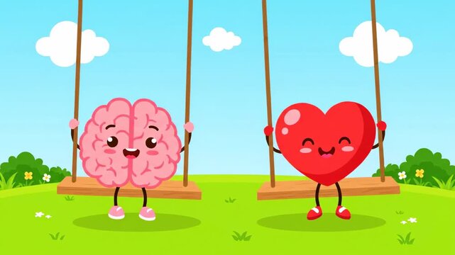  A cute and simple 2D animation of a cartoon brain and a cartoon heart sitting as friends on opposite ends of a swing