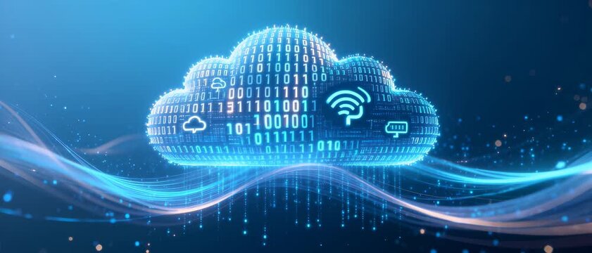 Digital Cloud Computing Visualization with Binary Code, Connectivity Icons, and Futuristic Light Waves on Blue Tech Background